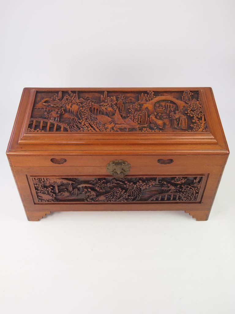 Vintage Carved Asian Camphor Wood Chest - For Sale
