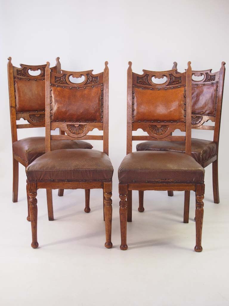 Set 4 Antique Arts & Crafts Dining Oak Chairs for Reupholstery